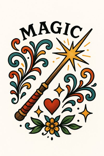 Whimsical Illustration of a Magic Wand with Floral Elements