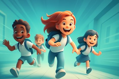 Cheerful Children Running in School Corridor