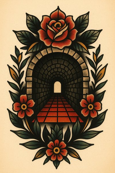 Illustrative Tattoo Design Featuring a Tunnel and Floral Elements