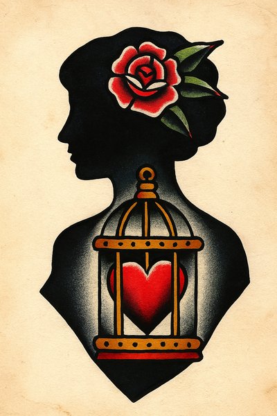 Silhouette of a Heart in a Cage Tattoo Design