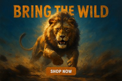 Dynamic lion imagery promoting wildlife-themed merchandise