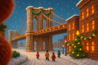 Whimsical Yarn Scene of Brooklyn Bridge in Winter