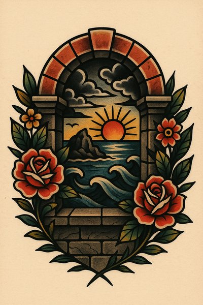 Colorful Tattoo Design of a Sunrise Over the Ocean
