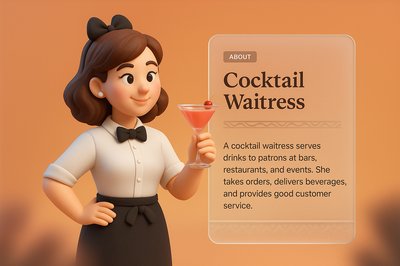 Charming 3D Cocktail Waitress Illustration with Informative Block