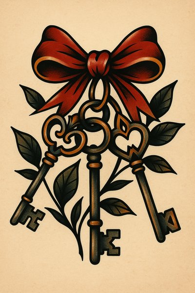 Artistic illustration of vintage keys with decorative elements