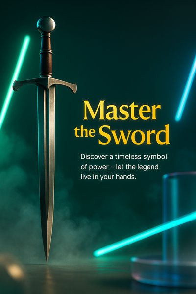 Neon Sword Advertisement Design with Dynamic Text Elements