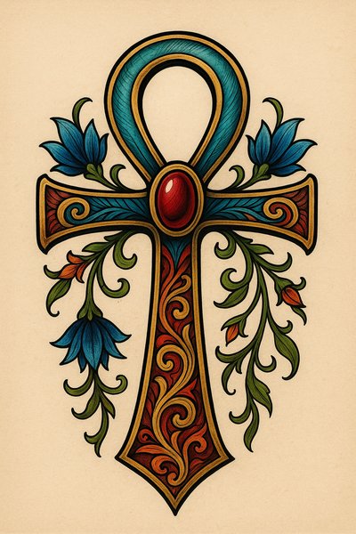 Colorful Ankh Symbol with Floral Design