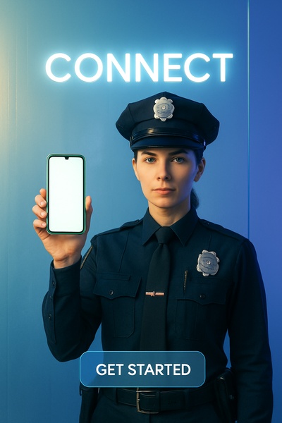 Policewoman Holding a Green Phone with a Glowing Background