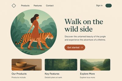 Landing Page Design Featuring Girl and Tiger in Jungle