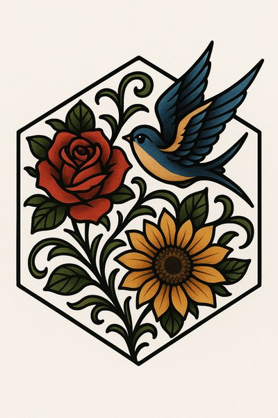Colorful Tattoo Design Featuring Flowers and a Bird