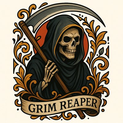 Stylized Grim Reaper Illustration with Ornate Details