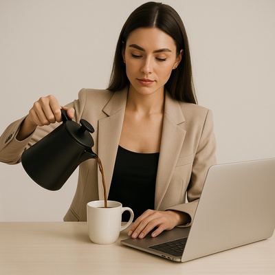 Stylish Woman Pouring Coffee While Working on Laptop