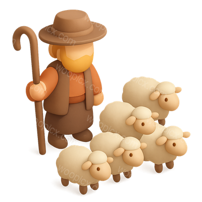 3D Shepherd Icon with Flock of Sheep in Isometric View