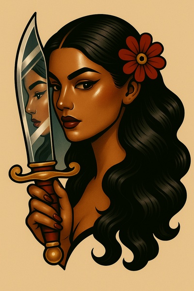 Stylized Portrait of a Woman with a Blade Reflection