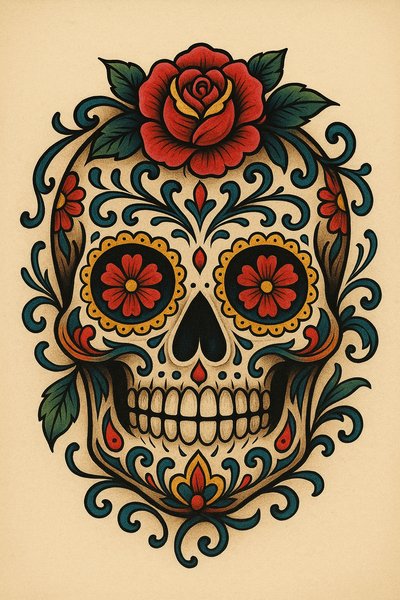Colorful Sugar Skull Art with Floral Elements