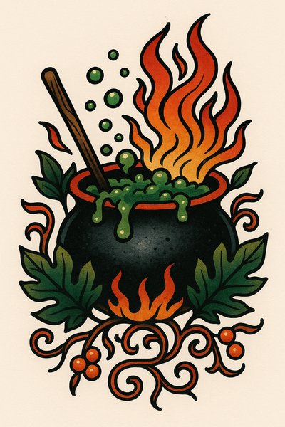 Illustrative Witch's Cauldron with Flames and Bubbles