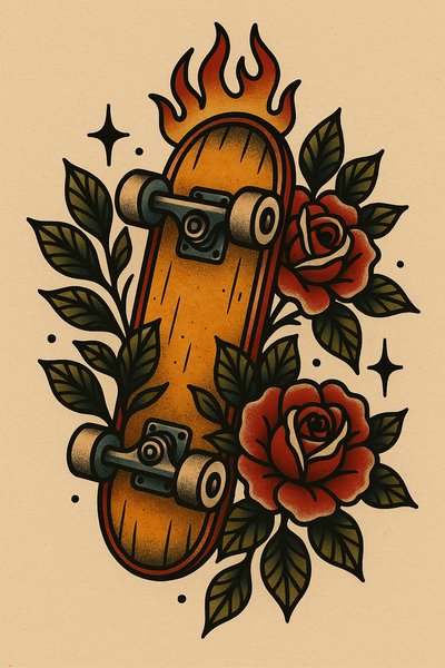 Vintage Skateboard Design with Floral Elements