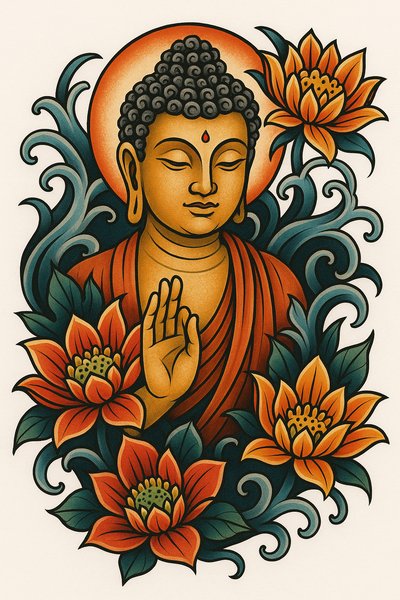 Illustrative Buddha Artwork Surrounded by Lotus Flowers