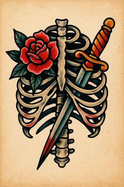 Tattoo Design Featuring Skeleton, Rose, and Sword