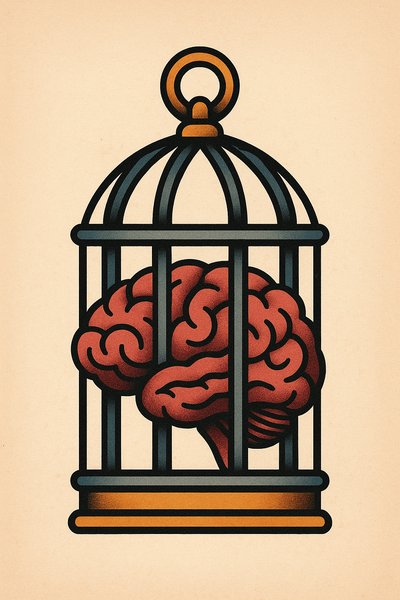 Colorful Tattoo Design of a Brain in a Cage Symbolizing Limited Beliefs