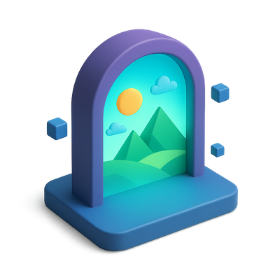 Colorful 3D Portal Icon with Mountains and Sun