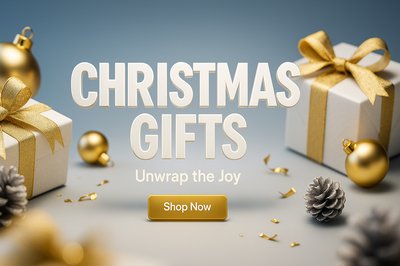 Elegant Gold and White Christmas Flat Lay with Gifts and Ornaments