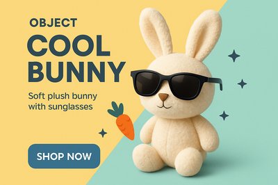 Stylish Plush Bunny Ad with Sunglasses and Colorful Design