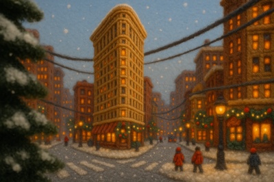 Whimsical Knit Winter Scene of New York's Flatiron Building