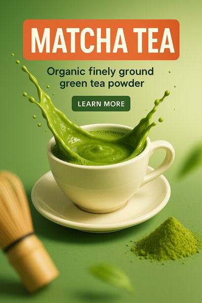 Promotional Graphic for Matcha Tea Product Featuring Vibrant Green Colors