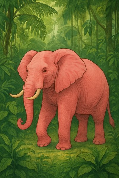 Whimsical Illustration of a Pink Elephant in a Jungle