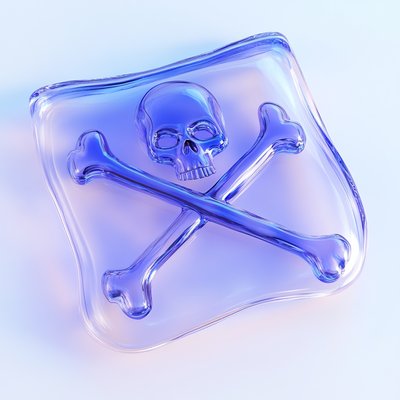 3D Skull and Crossbones Icon in Blue Glass Style