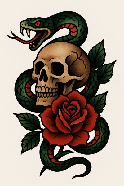 Vintage Tattoo Design with Skull, Snake, and Rose