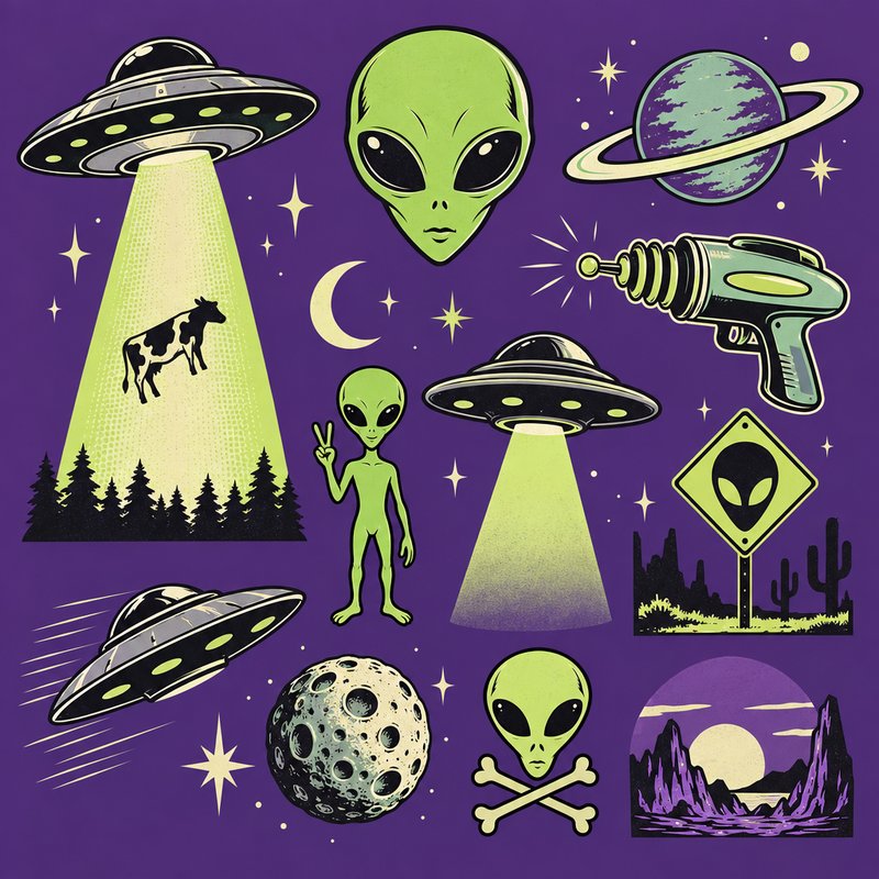 Retro aliens and UFOs collection