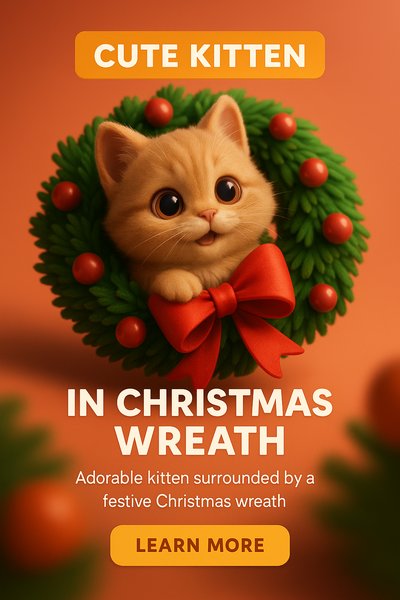 Adorable Kitten in a Festive Christmas Wreath