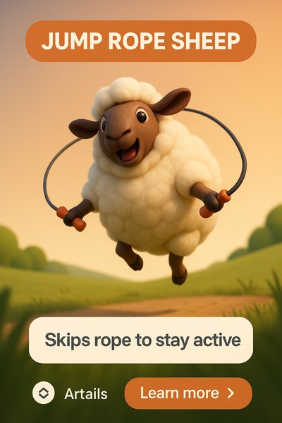 Playful animated sheep character promoting fitness and fun