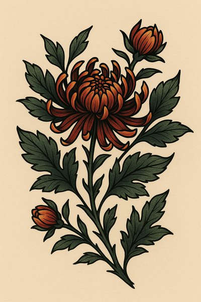 Illustration of a Chrysanthemum Flower with Leaves
