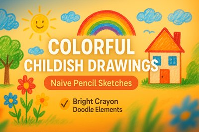 Vibrant Childlike Drawing Illustration with Crayon Doodles
