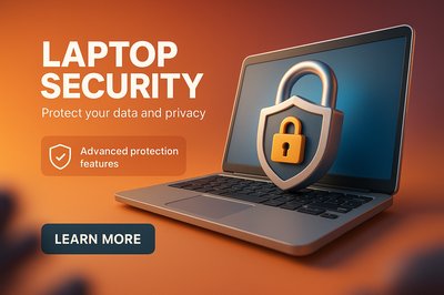 Laptop Security Promotional Graphic with 3D Lock Illustration