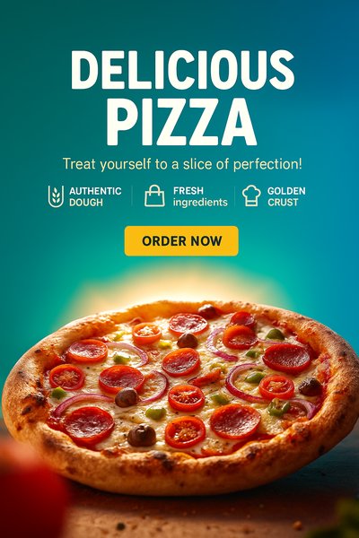 Dynamic Pizza Composition with Bold Text and Colors