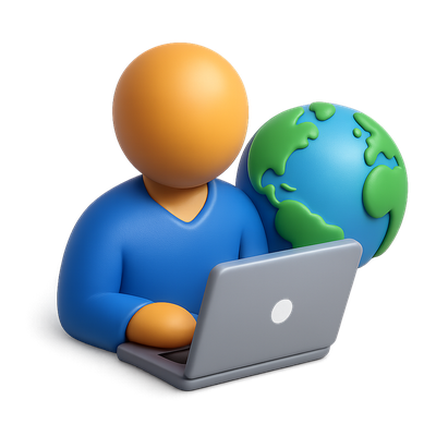 Stylized 3D Icon of a Person with Laptop and Globe