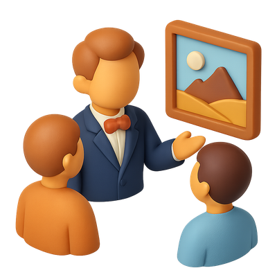 3D Art Dealer Icon with Clients in Isometric Style