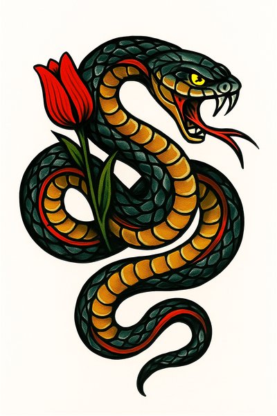Stylized snake entwined with a red tulip illustration