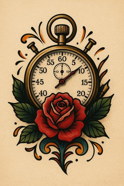 Vintage stopwatch surrounded by a rose and decorative elements