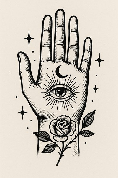Illustrative Hand with Eye, Moon, and Rose Design