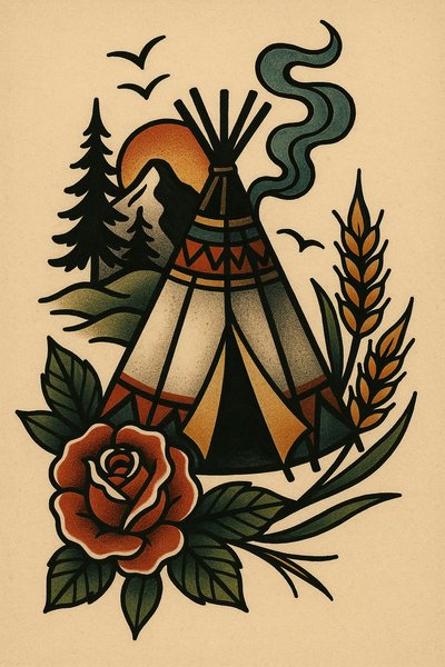 Colorful traditional teepee illustration with nature elements
