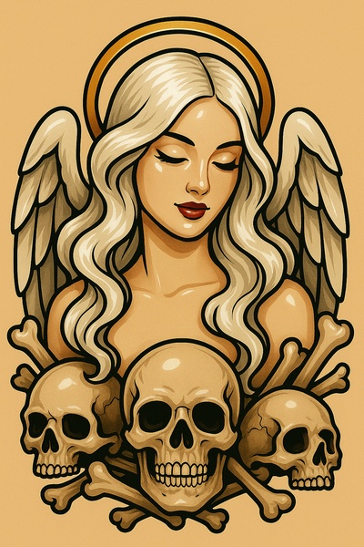 Angelic Girl Surrounded by Skulls in Tattoo Style