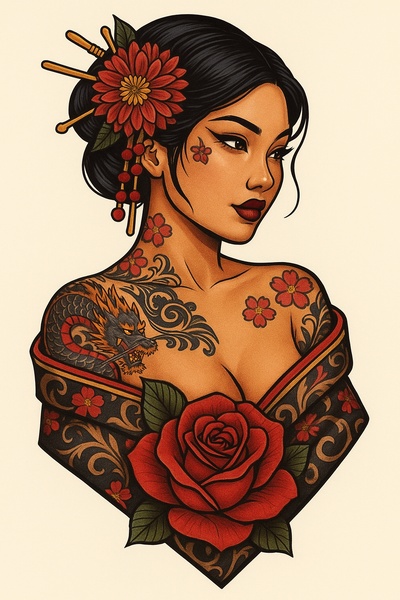 Detailed Tattoo Design of an Asian Woman in Kimono