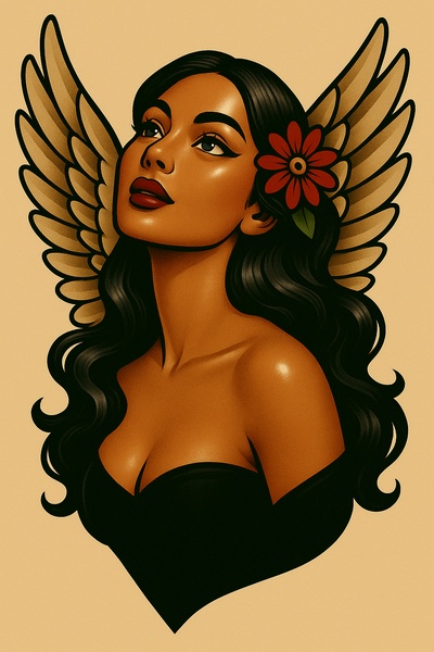 Glossy Classic Tattoo of a Winged Woman
