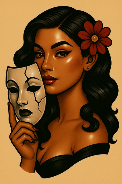 Stylized Woman Holding a Mask in Anime-Inspired Art