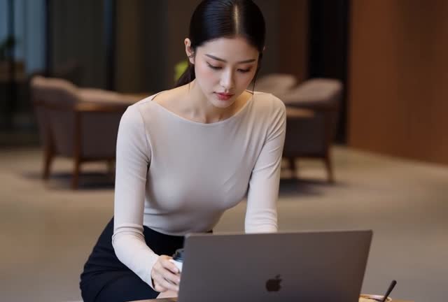 Focused Woman Working on Laptop in Modern Office Space